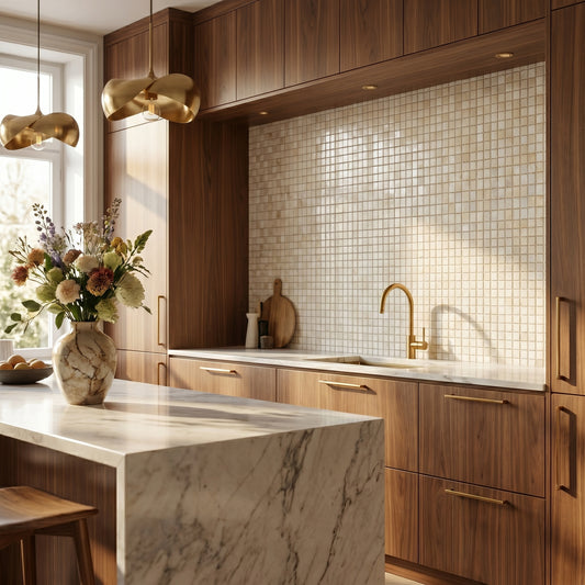 Afyon Sugar 1x1 marble mosaic kitchen backsplash