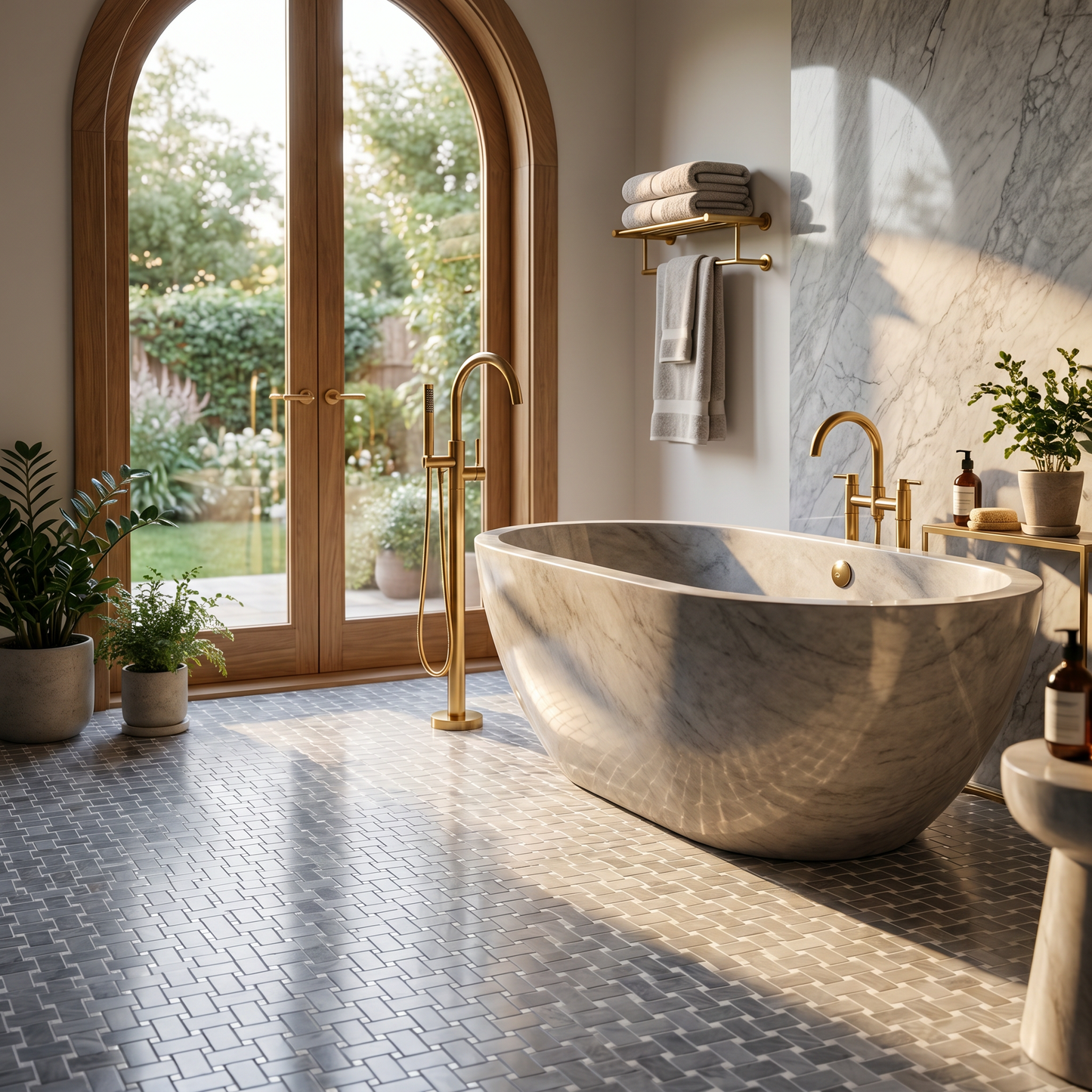 Bardiglio basket weave marble mosaic bathroom floor