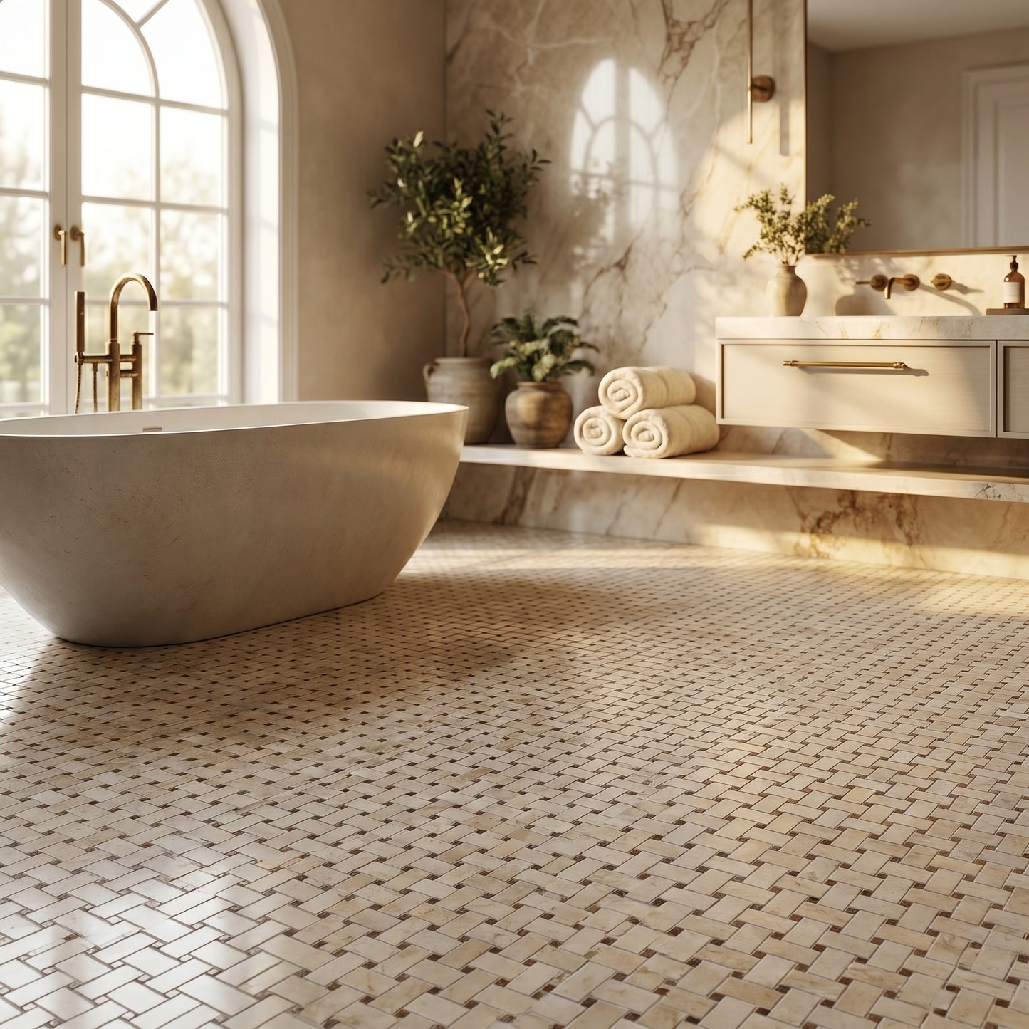 Botticcino basket weave with emperador dots bathroom floor