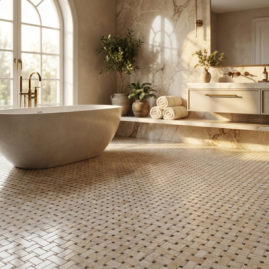 Botticcino basket weave with emperador dots bathroom floor