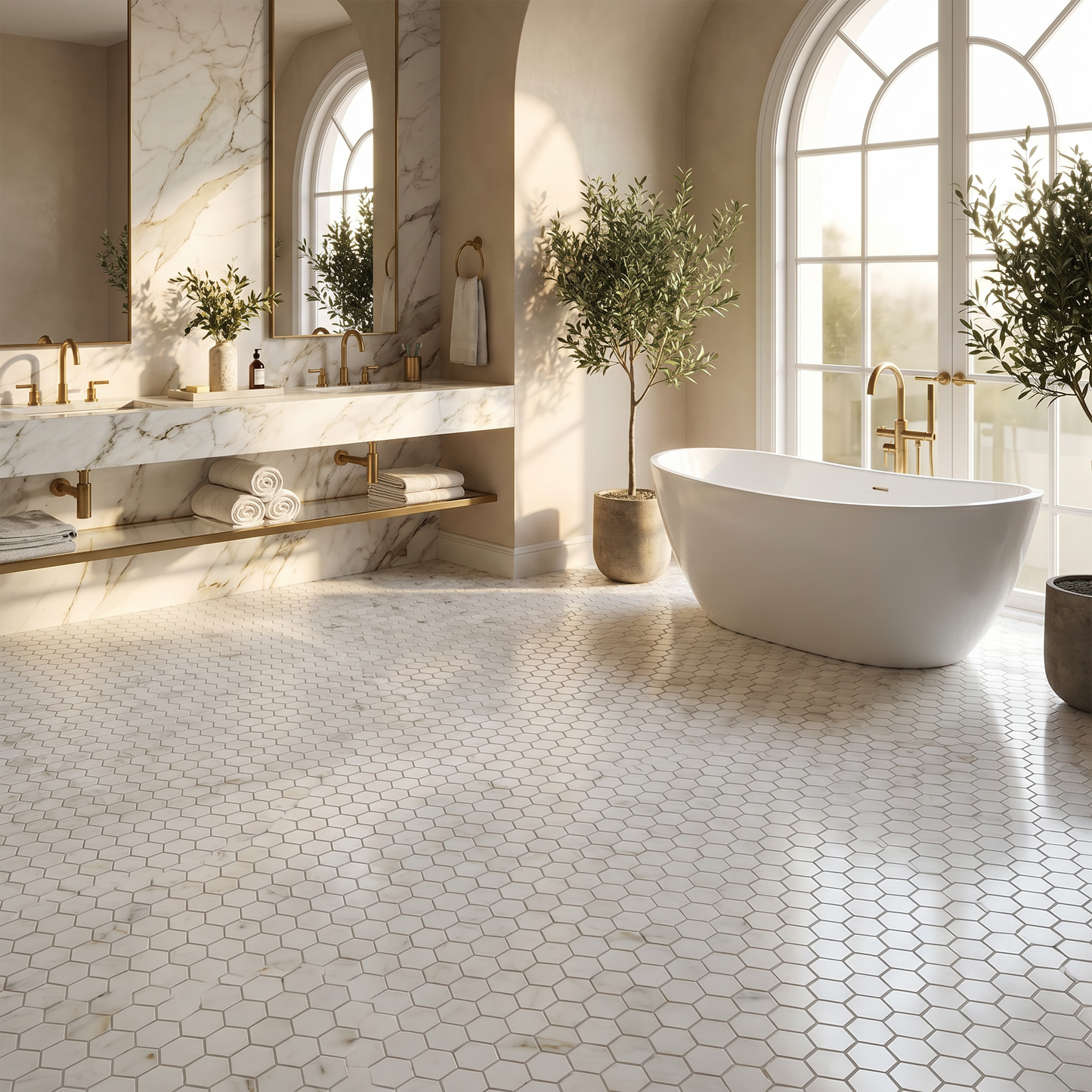 Calacatta Gold polished hexagon marble mosaic bathroom floor