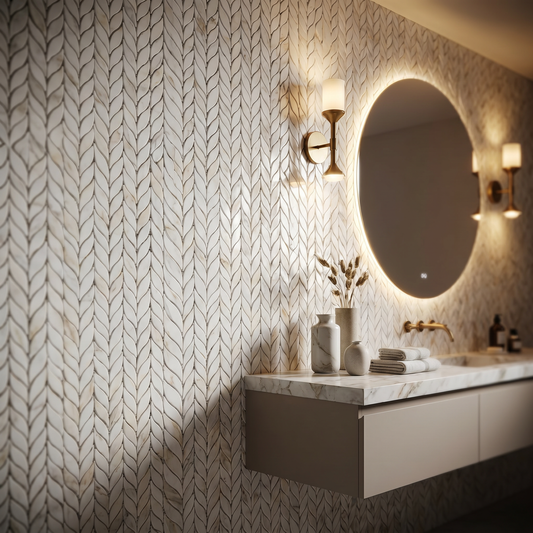 Calacatta Gold polished leaf marble mosaic bathroom feature wall