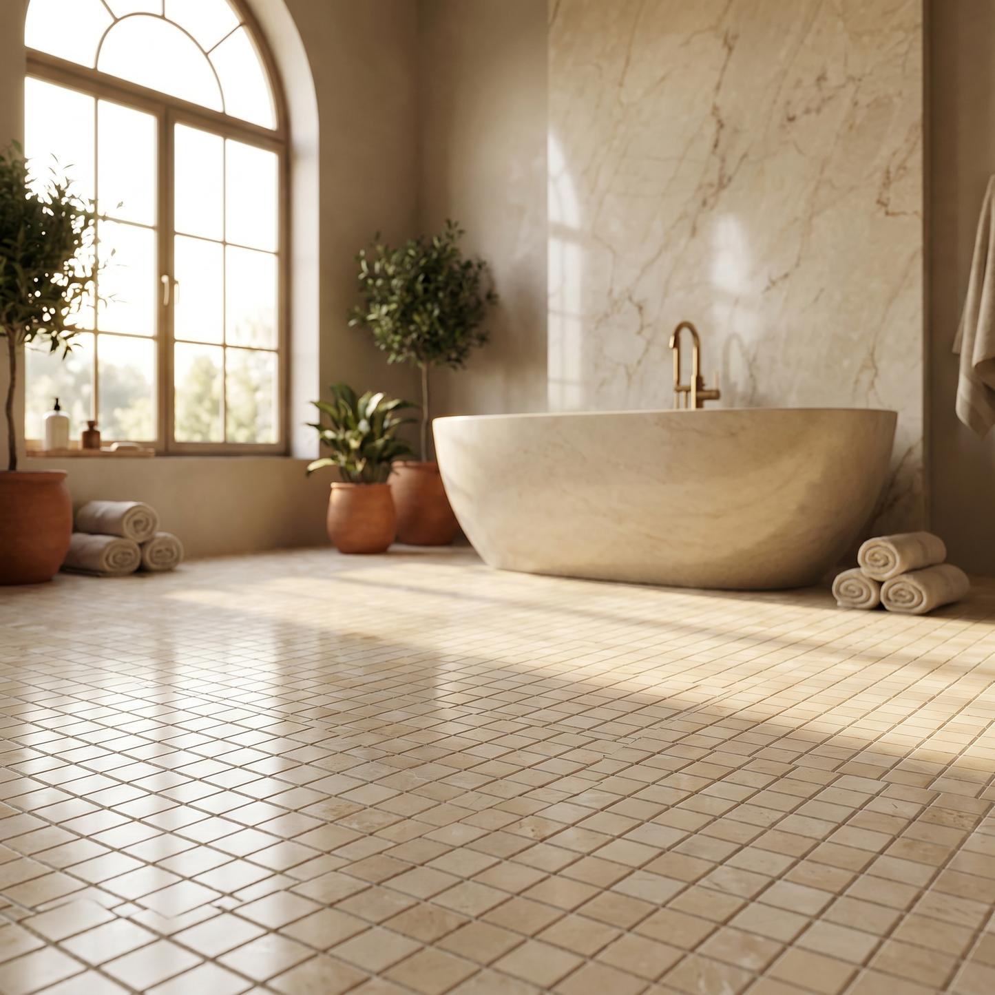 Crema Marfil polished 2x2 marble mosaic bathroom floor