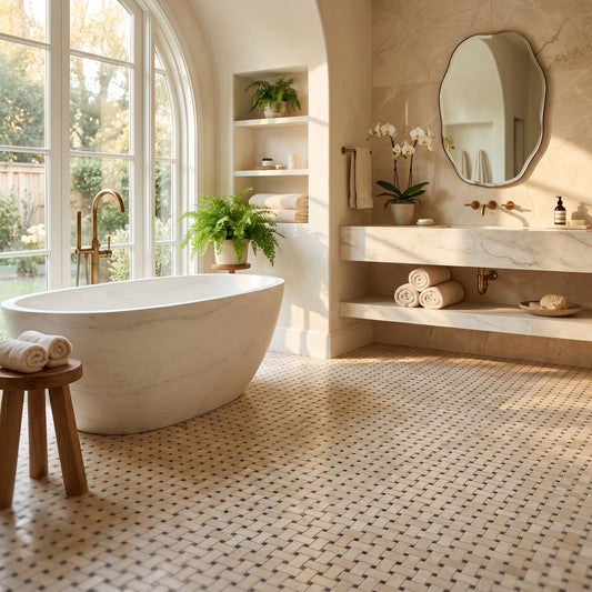 Crema Marfil Basketweave Dark Emperador marble mosaic — designer bathroom floor