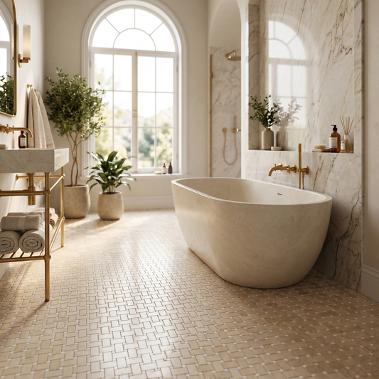Crema Marfil Basketweave Thassos White marble mosaic — designer bathroom floor