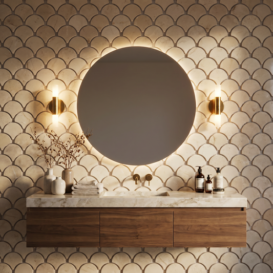 Crema Marfil Fish Scale marble mosaic — designer feature wall