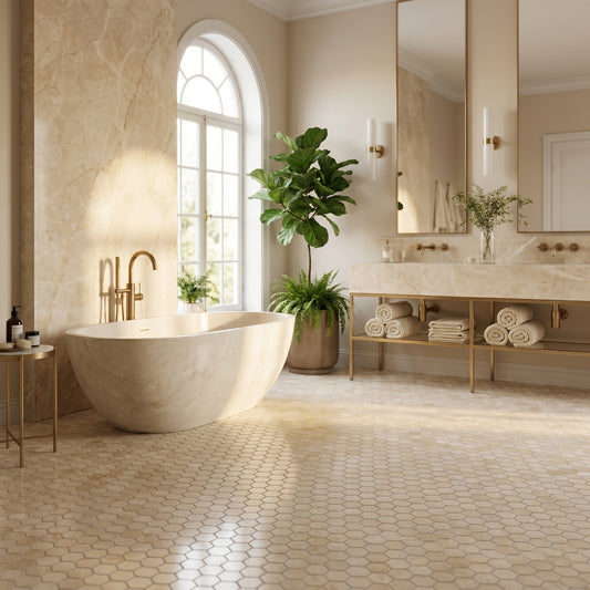 Crema Marfil Hexagon 1 inch marble mosaic — designer bathroom floor