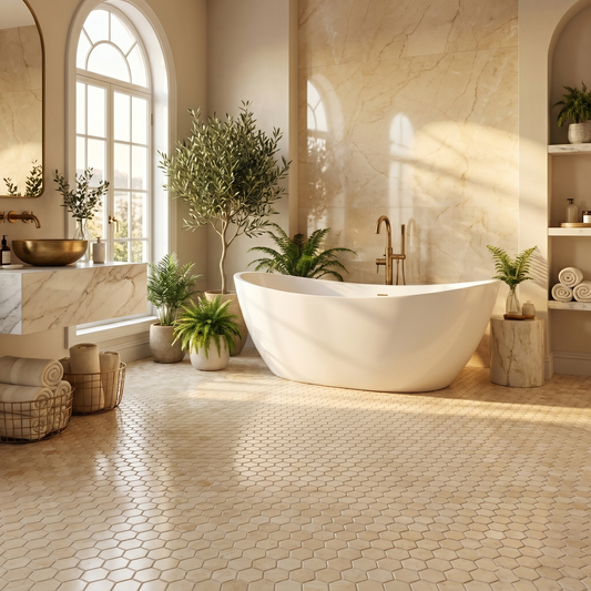 Crema Marfil Hexagon 2 inch marble mosaic — designer bathroom floor
