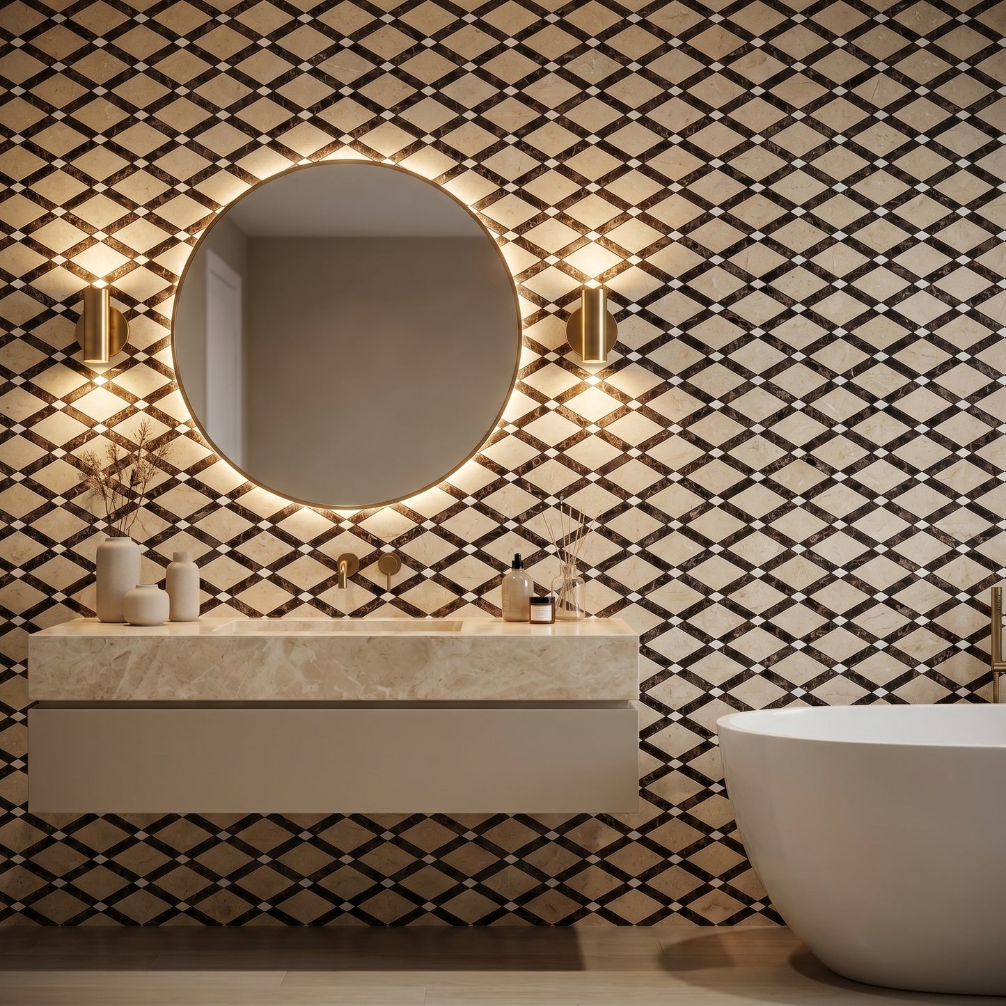 Crema Marfil Lattice marble mosaic — designer feature wall