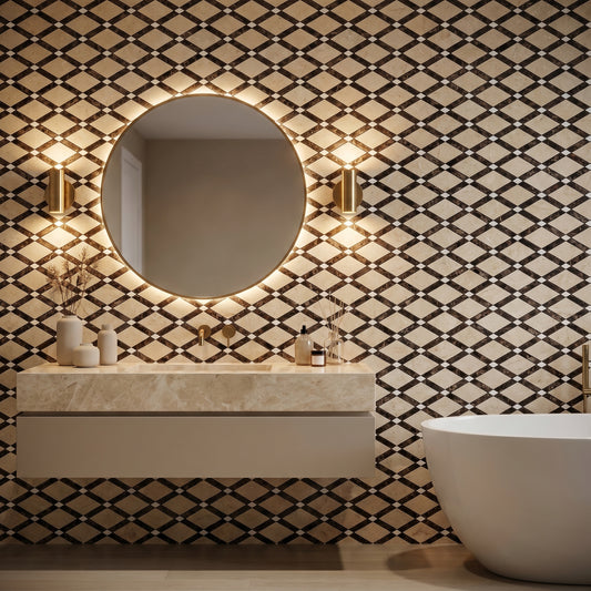 Crema Marfil Lattice marble mosaic — designer feature wall