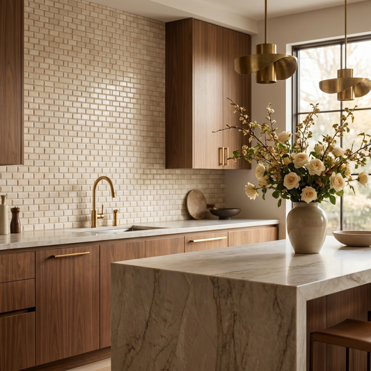 Crema Marfil Bevelled 2x4 marble mosaic — designer kitchen backsplash