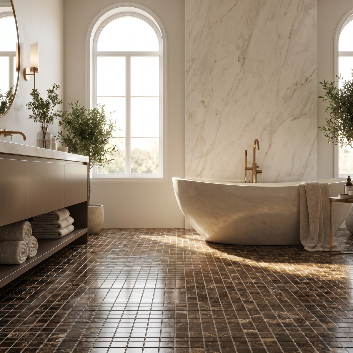 Dark Emperador 1x1 marble mosaic — designer bathroom floor