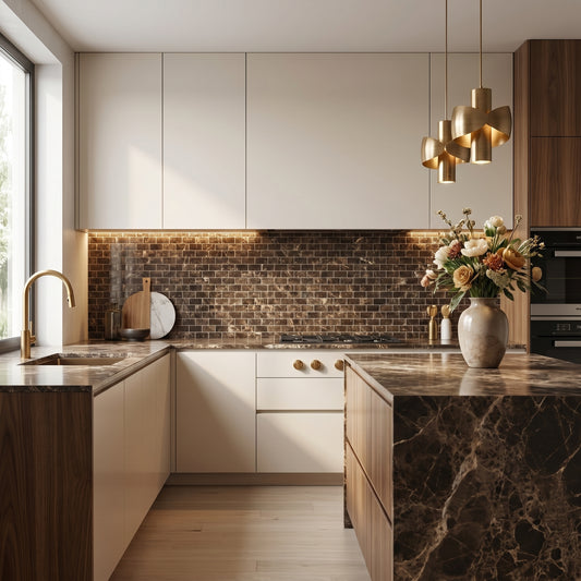 Dark Emperador 1x2 marble mosaic — designer kitchen backsplash
