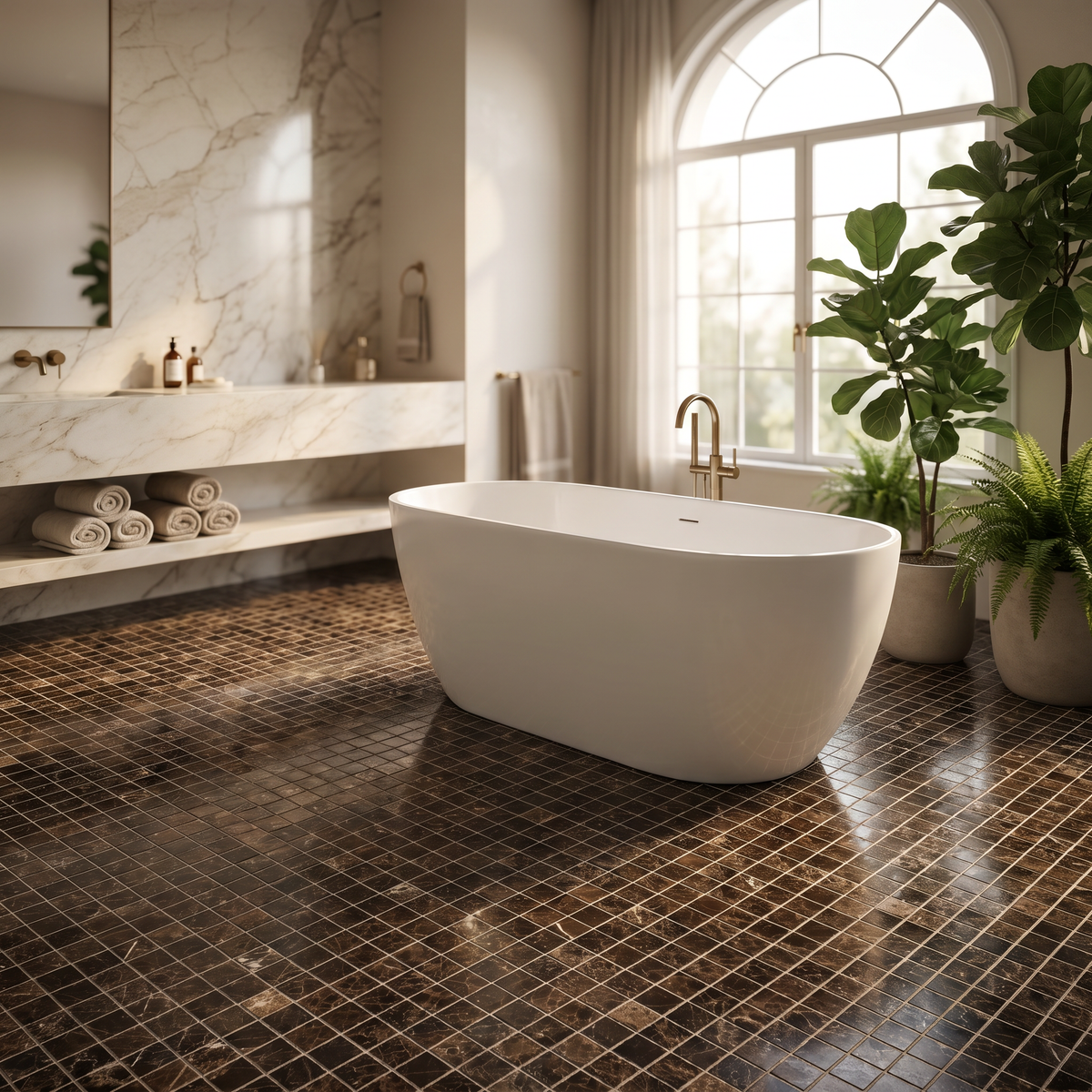 Dark Emperador 2x2 marble mosaic — designer bathroom floor