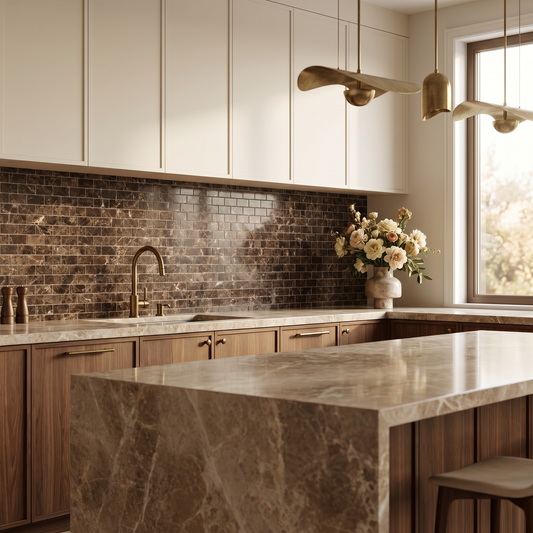 Dark Emperador 2x4 marble mosaic — designer kitchen backsplash