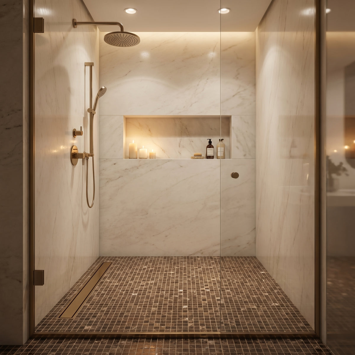 Dark Emperador 5/8 marble mosaic — designer shower floor
