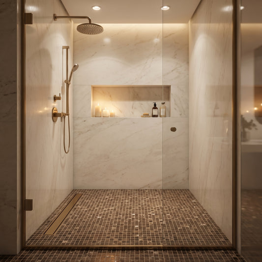 Dark Emperador 5/8 marble mosaic — designer shower floor