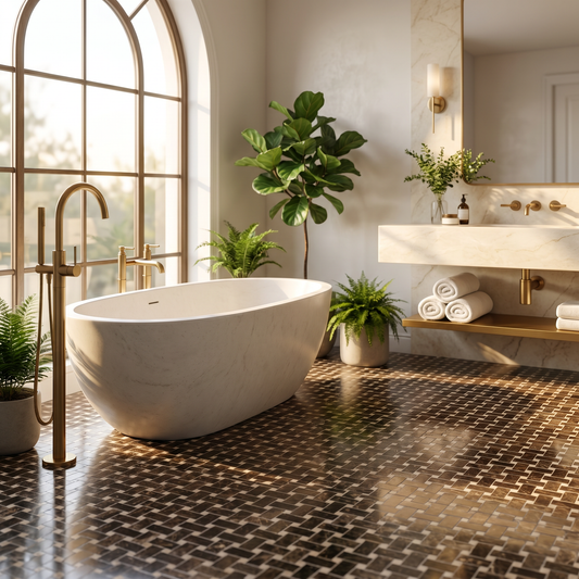 Dark Emperador Basketweave Crema marble mosaic — designer bathroom floor