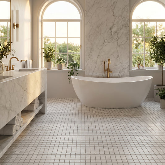 Dolomite Honed 1x1 marble mosaic — designer bathroom floor
