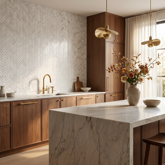 Dolomite Honed Herringbone marble mosaic — designer kitchen backsplash