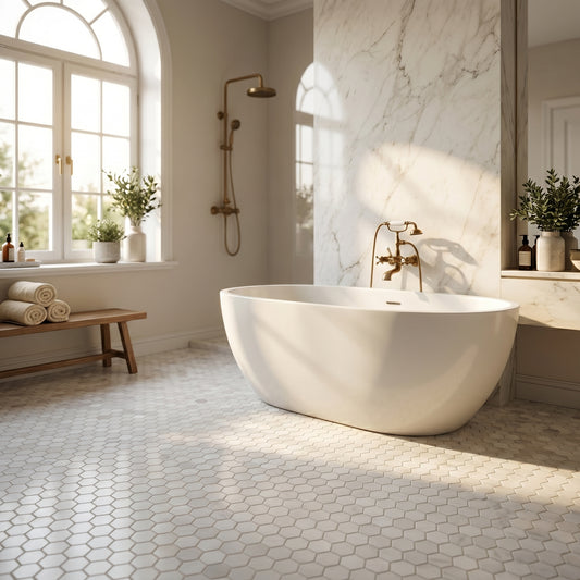 Dolomite Honed Hexagon 2 inch marble mosaic — designer bathroom floor