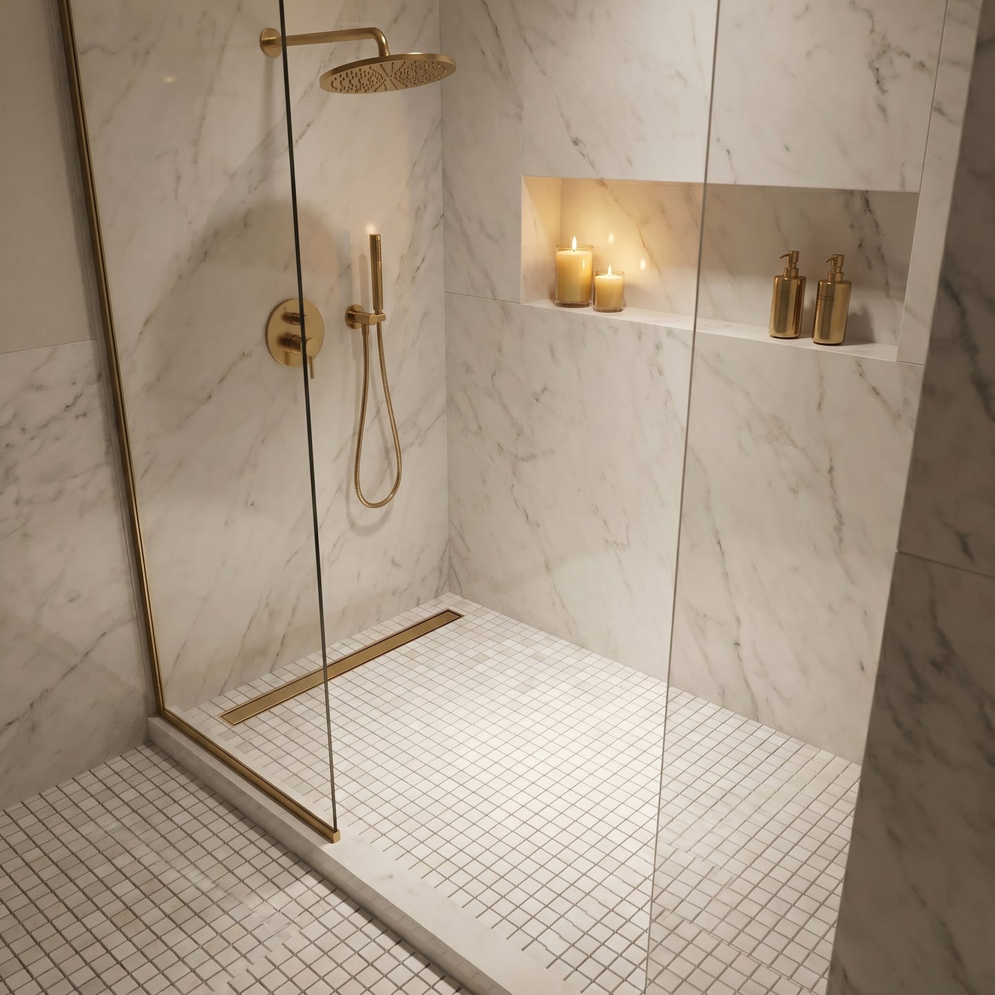 Dolomite Polished 1x1 marble mosaic — designer shower floor