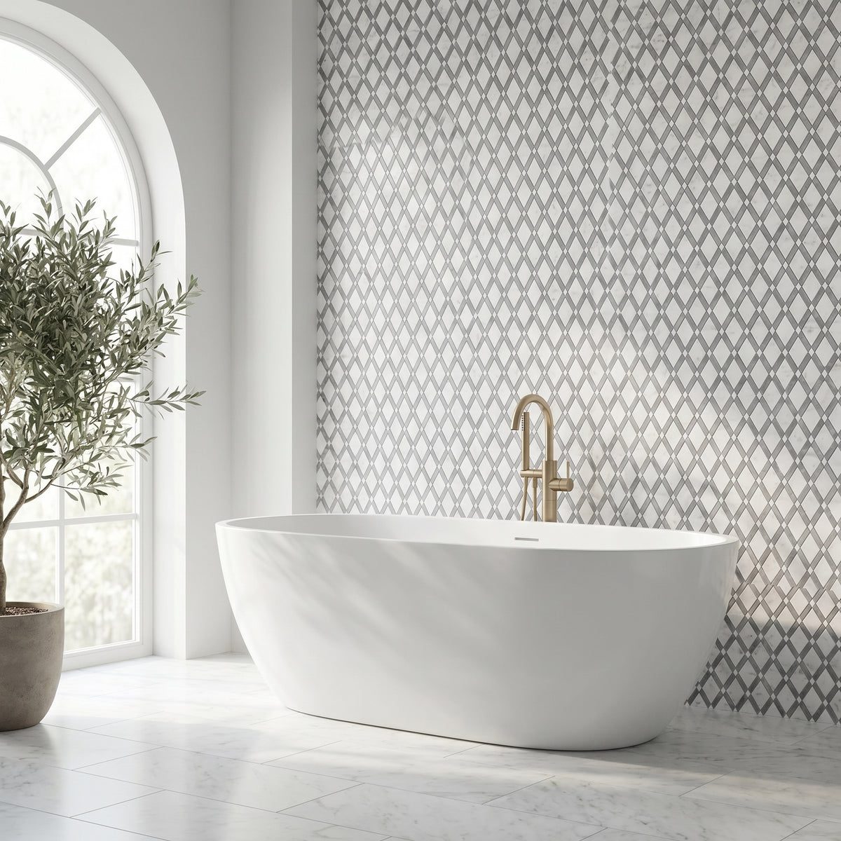 Diamond Mosaic Polished Carrara & Bardiglio marble - bathroom feature wall