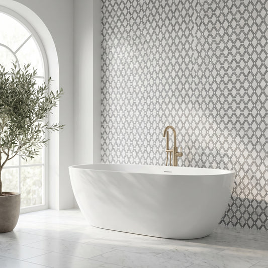 Diamond Mosaic Polished Carrara & Bardiglio marble - bathroom feature wall