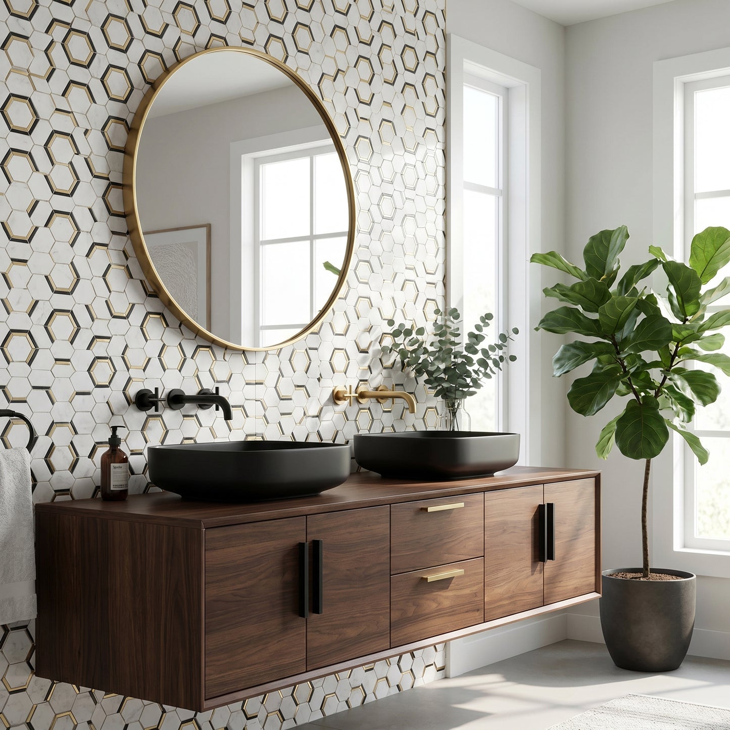 Fancy hexagon Thassos black and brass marble mosaic - modern bathroom feature wall