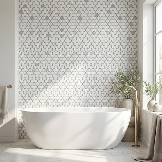 Hexagonal Thassos and Bardiglio grey marble mosaic - bathroom feature wall