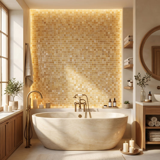 Honey onyx polished 1x1 mosaic - warm backlit bathroom feature wall