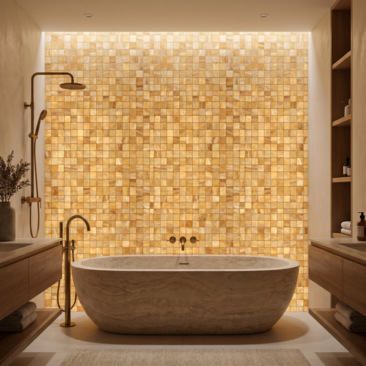 Honey onyx polished 2x2 mosaic - warm backlit bathroom feature wall