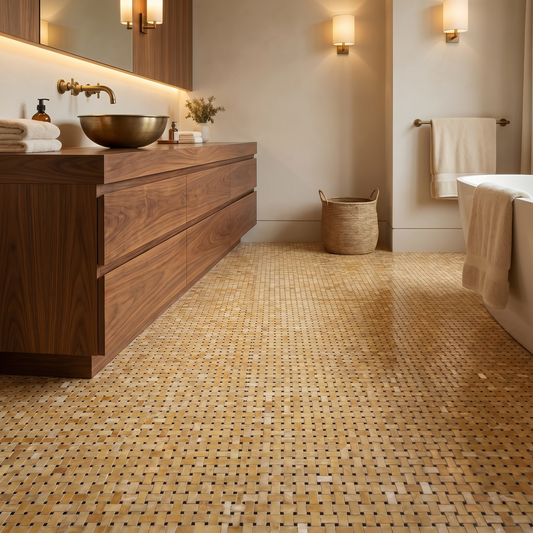 Honey onyx basket weave with black dots mosaic - bathroom floor