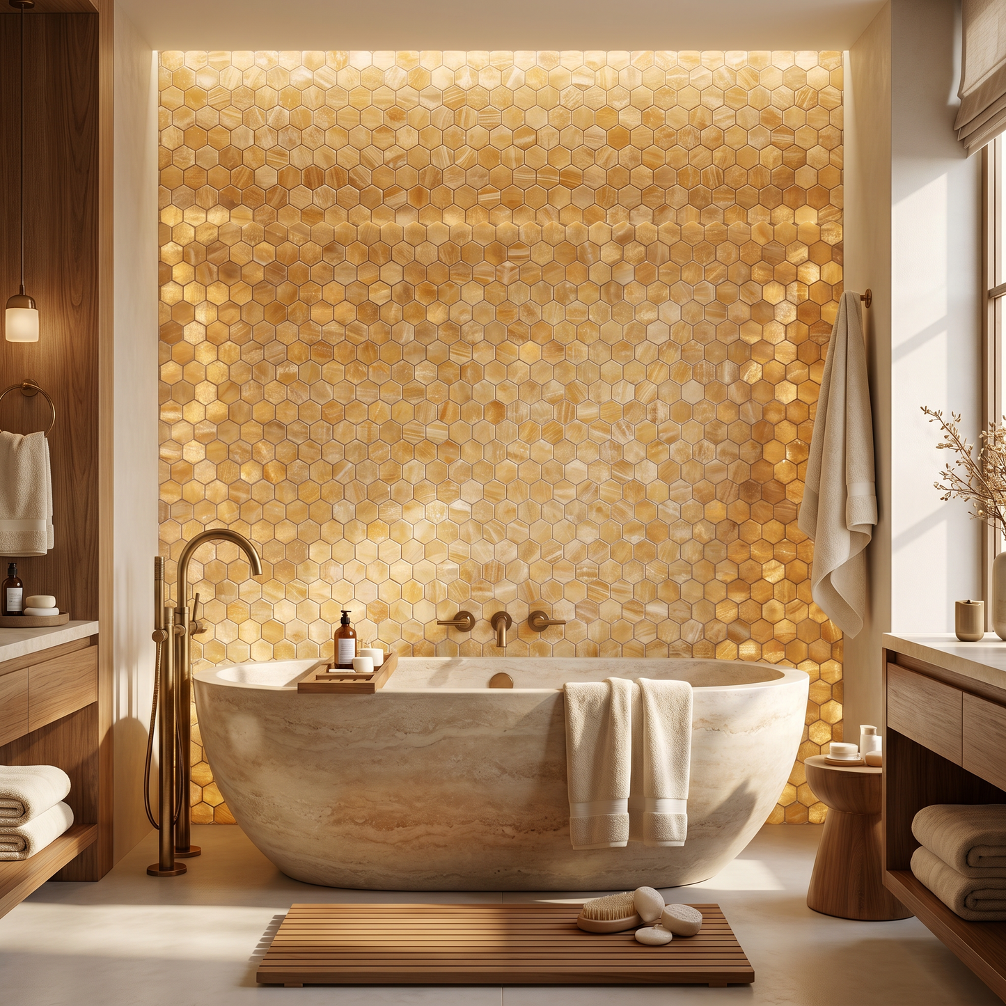 Honey onyx polished 2 inch hexagon mosaic - warm bathroom feature wall