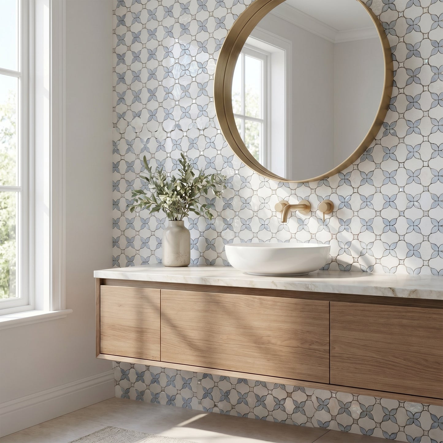 Floral waterjet Thassos and Blue Celeste marble mosaic - bathroom vanity backsplash