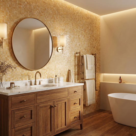 Honey onyx basket weave with white dots mosaic - warm bathroom feature wall