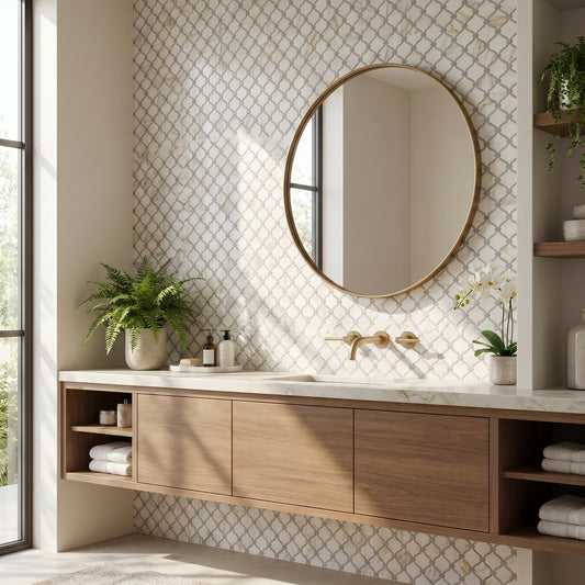 Lantern Calacatta gold and Bardiglio grey marble mosaic - bathroom vanity backsplash
