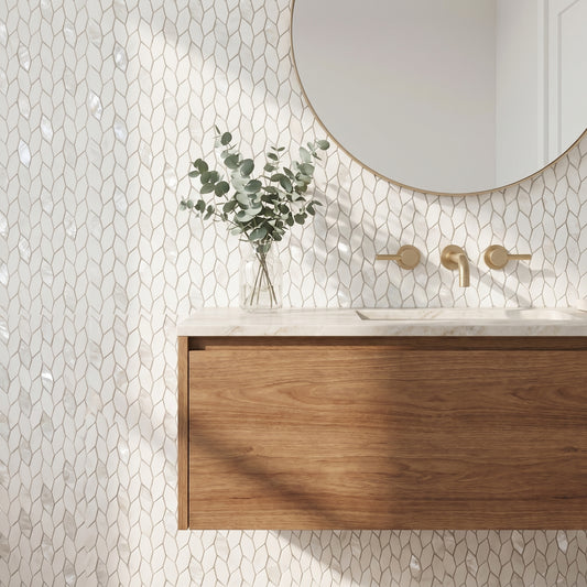 Leaf Dolomite and mother of pearl waterjet mosaic - bathroom vanity backsplash