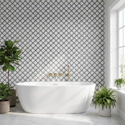 Link Carrara and Bardiglio grey marble mosaic - bathroom feature wall
