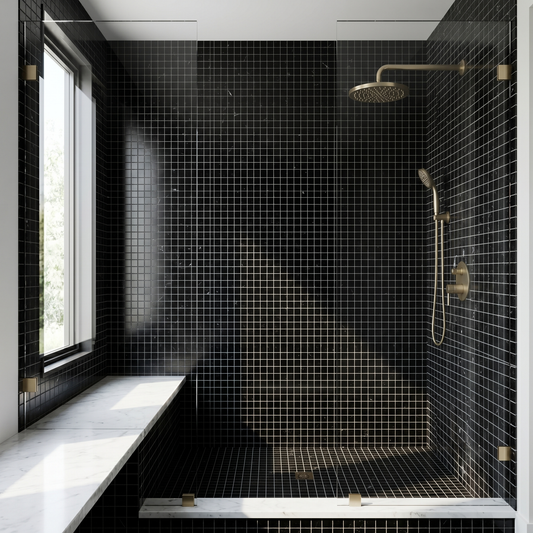 Nero Marquina polished 1x1 marble mosaic - walk-in shower wall