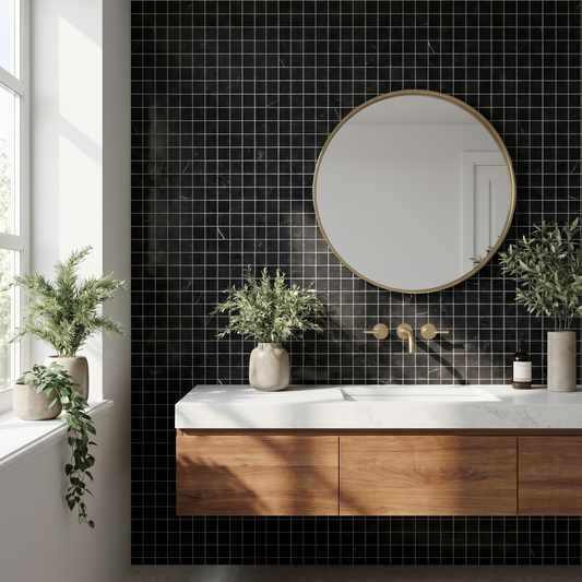 Nero Marquina polished 2x2 marble mosaic - modern bathroom feature wall