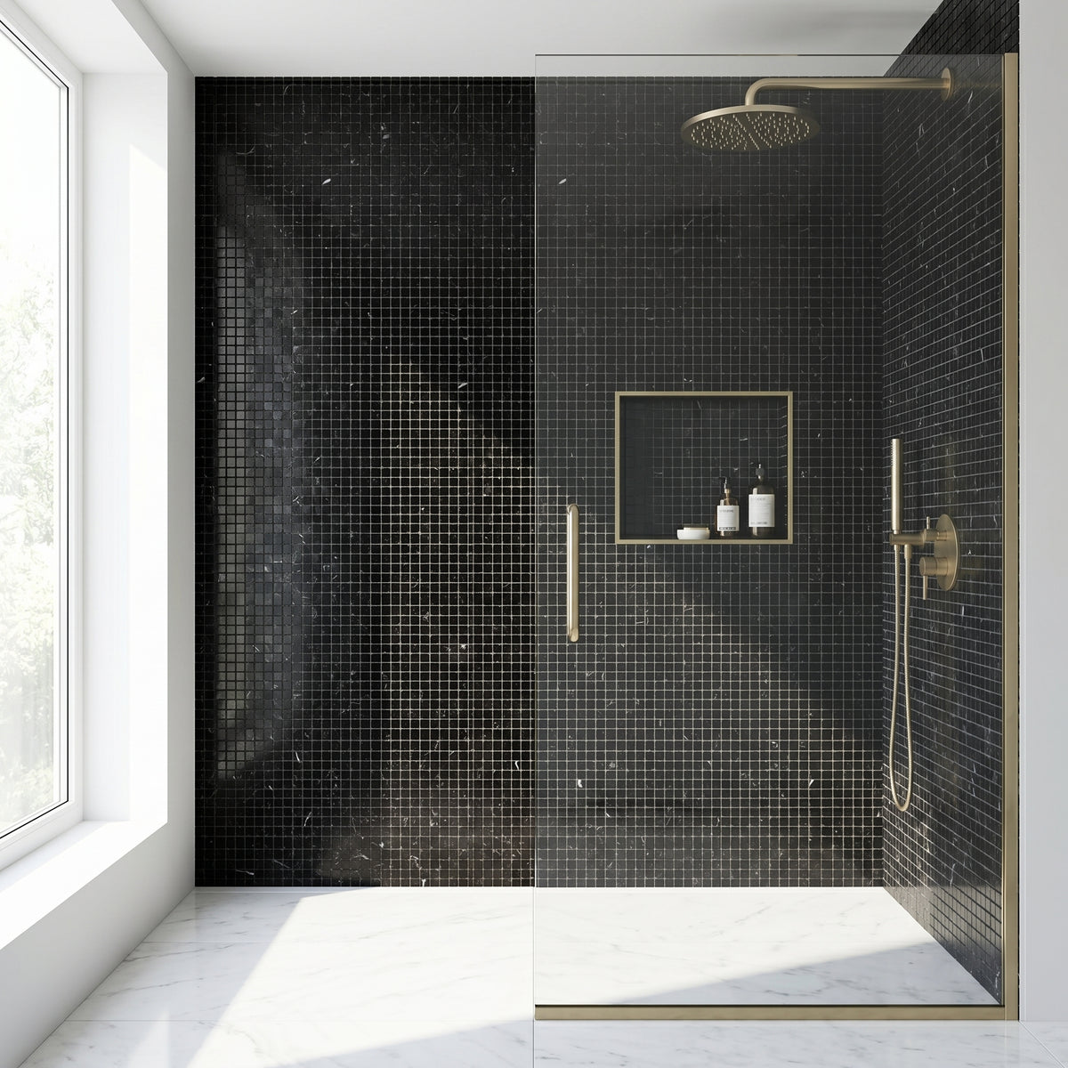 Nero Marquina polished 5/8 mini marble mosaic - walk-in shower wall