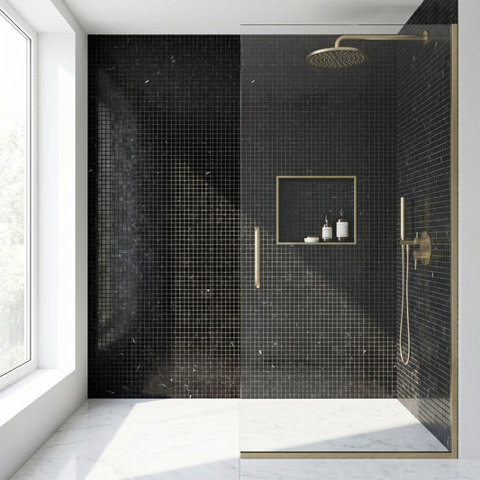 Nero Marquina polished 5/8 mini marble mosaic - walk-in shower wall