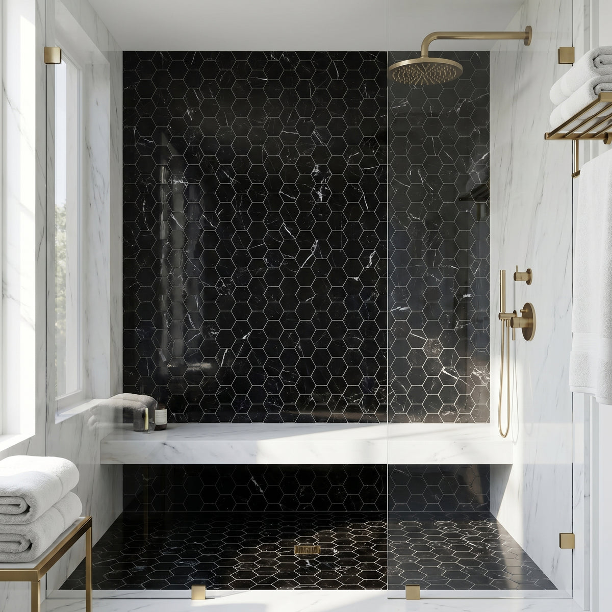 Nero Marquina polished hexagon marble mosaic - walk-in shower wall