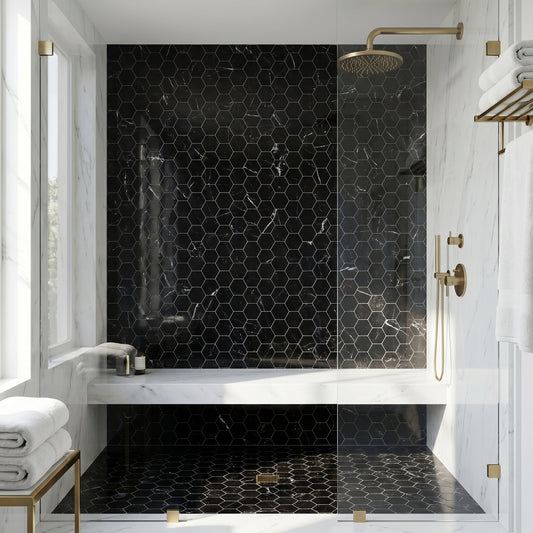 Nero Marquina polished hexagon marble mosaic - walk-in shower wall