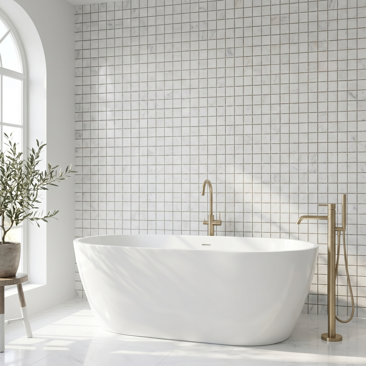 Oriental White honed 2x2 marble mosaic - bathroom feature wall