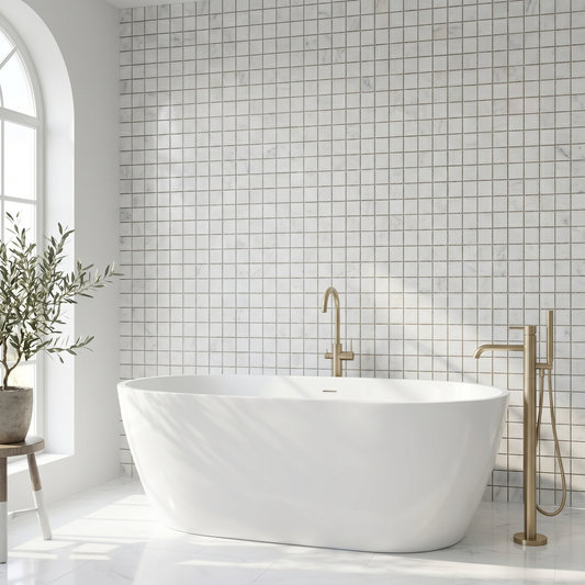 Oriental White honed 2x2 marble mosaic - bathroom feature wall