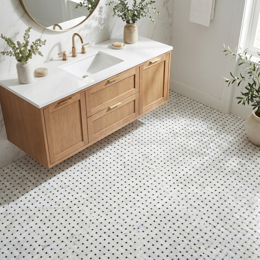 Oriental White basket weave with black dots marble mosaic - bathroom floor