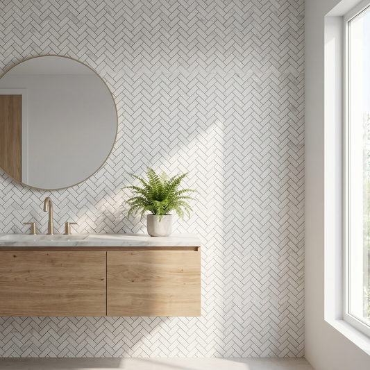 Oriental White herringbone marble mosaic - bathroom vanity backsplash