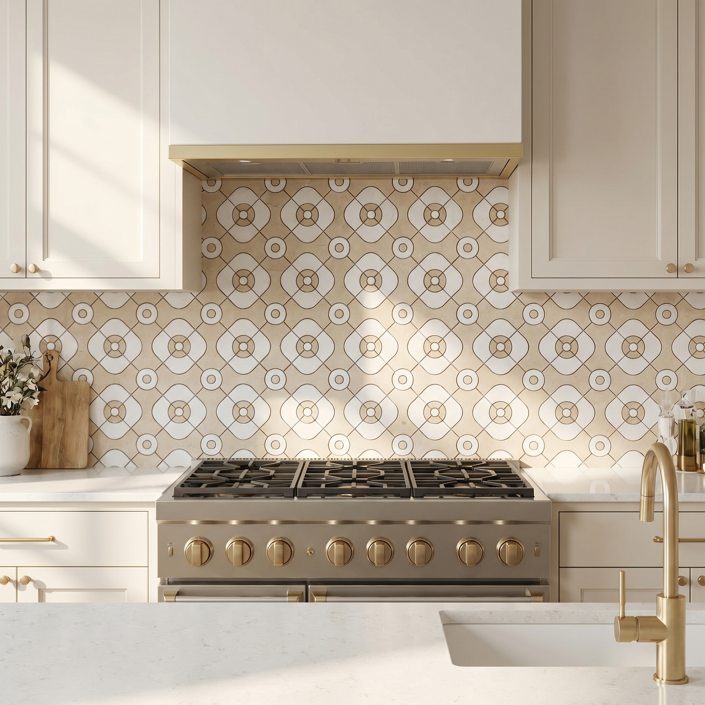 Metro Crema Marfil and Thassos waterjet marble mosaic - kitchen backsplash